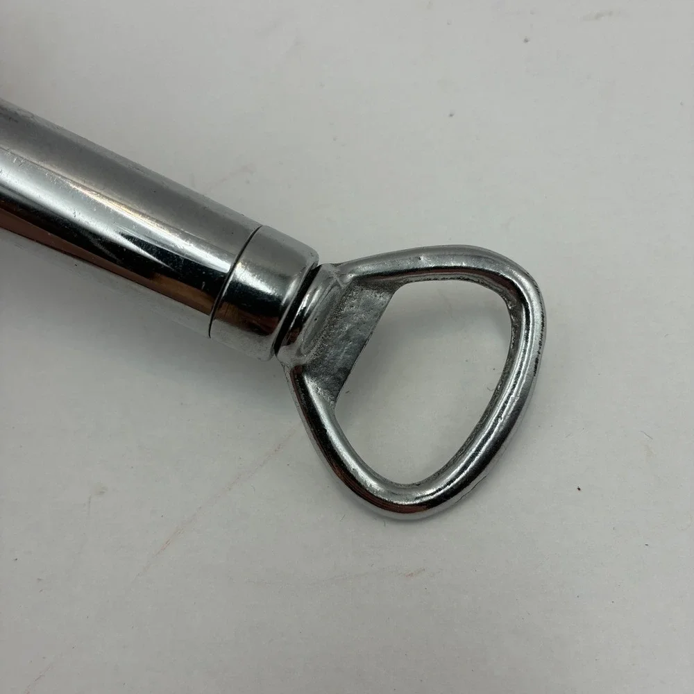 Vintage Chrome Hammer Bar Tool Jigger Bottle Opener Rotating Recipe Guide 6.5 in
